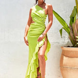 Summer Beach Boho Dress for Women Diagonal Collar Ruffles Cut Out Side Split Green Sexy Party Midi Dress Vestidos
