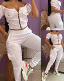 Toloer Summer Women's White One-Line Shoulder Short Sleeve Bag Jacket Suit Slacks 2