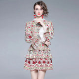 Women Retro Print Cascading Dress 2022 Spring Designer Runway Lace Round Neck Flare Sleeve Chic Flower Party Vestido
