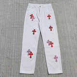 New Crowne Loose Printed Jeans Cross Leisure Straight Tube Loose White Washed Trousers-Outfit