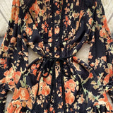 Women Single Breasted Mini Dress Lantern Sleeve Sashes Boho Vintage Dress Fashion Lady OL Floral Print Lace Robe