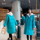 2021 Snow Wear Long Winter Coat Women Spliced Hooded Warm Parkas Female Hooded Padded Winter Jackets Women