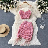Korean Style Women Set Summer 2022 V Neck Backless Drawstring Sexy Strap Top+ Ladies Mini Skirt Bodycon Two Piece