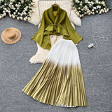 Wrinkled Butterfly Sleeve Gradient With Shawl Short Coat Top + Gradient 100 Folded Skirt Two-Piece