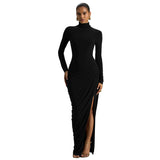 Women's Autumn And Winter New Solid Color Temperament High-Collar Before The Open Folding Dress