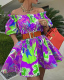 Printed Off Shoulder Puff Short Sleeve Mini Skater