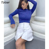 Folds Chic Jersey T-Shirts Women Blue Turtleneck Tops Winter Inside Casual Bodycon Tee Female Long Sleeve