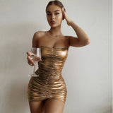 Sexy Metallic Tube Dress Gold Silver Birthday Outfits for Women Clubwear Summer 2021 Ruched Bodycon Mini Dress