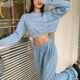 Autumn Women Sportswear Hoodies Pants & Casual Short Pullovers Sweatshirt 2 Piece Suit Sets Fashion Solid Blue