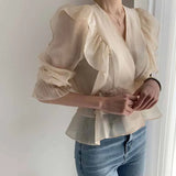 Ruffled Deep V-neck Silk Shirt Fashion Female Vintage Slimming Chiffon Blouse Solid Sweet Flare Sleeve Woman's Shirt
