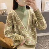 Winter Korean Female Geometric Jacquard Sweaters Vintage Fashion Patchwork Turtleneck Knitted Jumpers Women's