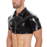Toloer Men's PVC Bright Leather Jacket Sexy Slim Short Sleeve Half Leather Shirt Size Accurate-Outfit