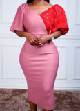 Formal Lace Patch V-Neck Puff Sleeve Midi