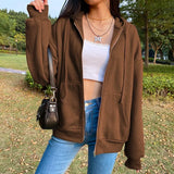 Purple Black Zip Hooded Sweatshirt Winter Jacket Top Oversized Hoodie Retro Pocket Woman Clothes Long Sleeve