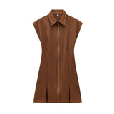Zipper Wide-Fold Short Dress 2025 Summer Temperament Casual Sleeveless A-Word