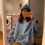 Neck Women Pullover Streetwear Spring Korean Fashion Cartoons Printing Loose Full Sleeve Tops for Girl Harajuku