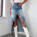 2025 Women's New Denim Skirt High Waist Irregular Hair To Do Old Water Washing Skirt