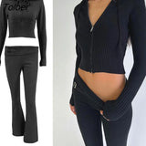 Women Spring Outfits Casual Zipper Sweater Hoodie Set High Waist Flare Pants Suits Pink Knitted Womens Y2k Two Piece