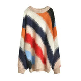 Winter Contrasting Colors Sweaters Striped Spliced Casual O-Neck Female Clothing Stylish Hollow Out Knitted Midi Jumpers-Outfit