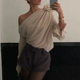 Women's Chiffon Blouse Tops Loose Fitting One Shoulder Slash Neck 3D Rose Flower Ruched Lantern Long Sleeve Shirts-Outfit