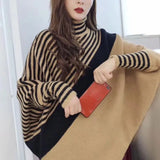 2023 Streetwear Screw Thread Batwing Sleeve Sweaters Autumn Winter Striped Spliced Korean Turtleneck Asymmetrical Jumpers-Outfit