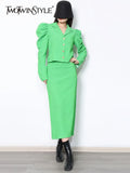 TWOTWINSTYLE Loose Two Piece Set Womens Notched Collar Puff Sleeve Tops High Waist Loose Midi Skirts Female Solid Sets
