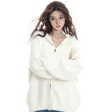 Autumn White Double Zipper Hooded Stingy Sweater Cardigan Soft Mashed Sweet Hot Girl
