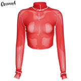 Women Y2K Fashion Sexy Mesh t-Shirt Long Sleeve Striped Tops Turtleneck Stretchy Summer See Though Skinny Thin