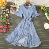 Summer Women Blue/Green/Pink Polka Dot Dress 2020 Vintage High Waist A-line Ladies Vestidos Verano Casual V-neck Dresses