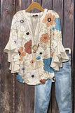 Creative Flower Element 3D Printed Casual Trend V-Necked Lace