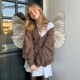Vintage Solid Brown Oversized Knitted Cardigan Women Casual Loungewear Button Up Lantern Long Sleeve Winter