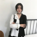 Korean Summer Vintage Shirt Women Long Sleeve Tops Button Up Cardigan Patchwork Elegant Black White Beautiful Blouses