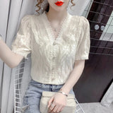 Summer V Neck Lace Blouse New Short Sleeve Elegant Women Tops Solid Lace Crochet Ruffle Patchwork Slim Women Shirts