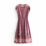 Floral print summer beach Bohemian dress for women Ladies V-neck short sleeve dress female Robe Boho hippie dress