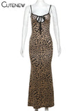 Women's Leopard Printed Maxi Dress Elegant Spaghetti Strap Backless Lace-up Robe Skinny Retro Dresses Vestidos New 2023-Outfit