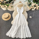 Summer Beach Hollow Out Long Dress Sexy Women V-Neck High Waist Single Breasted A-Line Big Swing Vestidos 2022 New