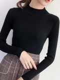 Neck Women Sweater Vintage Basic Solid Knitted Tops Casual Slim Pullover Autumn Winter Korean Tops Simple Chic Jumpers-Outfit