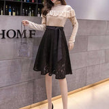 Lady Big Bow High Waist Knee Skirts Women's Summer Clothes New Oversize Fashion A-Line Solid Hollow Out Lace