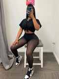 Streetwear Black 2 Two Peice Sets Womens Outfits 2022 Short Sleeve O Neck Crop Top Mesh Pants Suits Black Matching