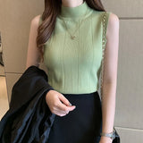 2021 Sleeveless Summer Blouse Women Korean Knit Elastic Casual Clothes Solid Turtleneck Fashion Ladies Tops Blusas 8623