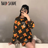 Bold Shade 90s Teenager Fashion Harajuku Matching Sets Floral Print Hoodies And Elastic Waist Shorts Autumn Streetwear 2pcs