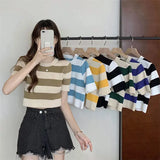 Classic Bump Striped Short-Sleeved Ice Silk Knitted Women's Summer T-Shirt Short Repair Small Shirt