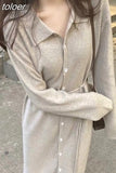 Turn Down Collar Long Sleeve Knitting Sweater Cardigan Slim Korean Bodycon Party Midi Dress Women Oversized Autumn