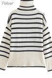 Women Autumn Fashion Casual Turtleneck Striped Jacquard Loose Knitted Pullover Winter Warm Long Sleeve Sweater Chic