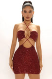 Sexy Sequins Backless Halter Sleeveless Midi