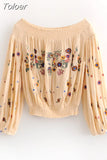 Fashion Boho Style Floral Embroidery Blouses Women Holiday Chic Off Shoulder Pullover Shirts Female Long Sleeve Loose