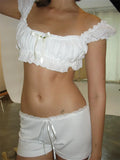 Women 2 Piece Summer Outfits Short Sleeve Square Neck Ruffle Ruched T-shirts Crop Tops Low Waist Shorts Clubwear 2024-Outfit