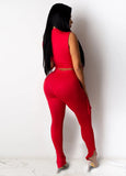 Sexy Stand Collar Sleeveless Crop Top Solid Lace Up Two Piece Pants