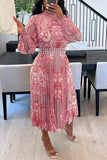 Fashion Pearl Belt Print Folded Lantern Sleeve Sleeve Scash Semi-High Collar
