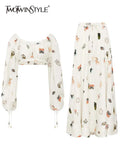 TWOTWINSTYLE Loose Print Two Piece Set Women Slash Neck Lantern Sleeve Tops High Waist Midi Skirt Colorblock Sets Female